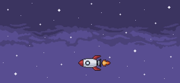 Vetor fundo de pixel art de foguete voando no vetor de fundo do céu noturno para jogo de 8 bits