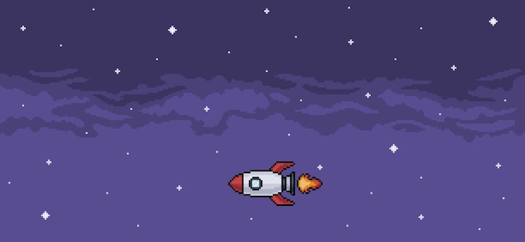 Vetor fundo de pixel art de foguete voando no vetor de fundo do céu noturno para jogo de 8 bits