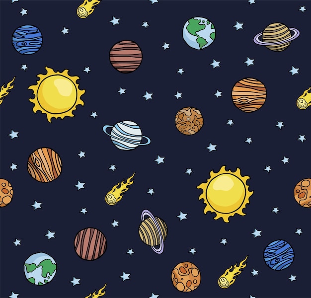 Vetor fundo de planetas sem costura desenhado à mão