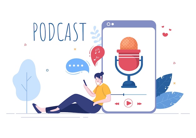 Fundo de podcast Ilustração vetorial Pessoas usando fone de ouvido para gravar áudio, apresentador entrevistando convidado ou programa on-line com equipamento de gravação de som e conceito de microfone