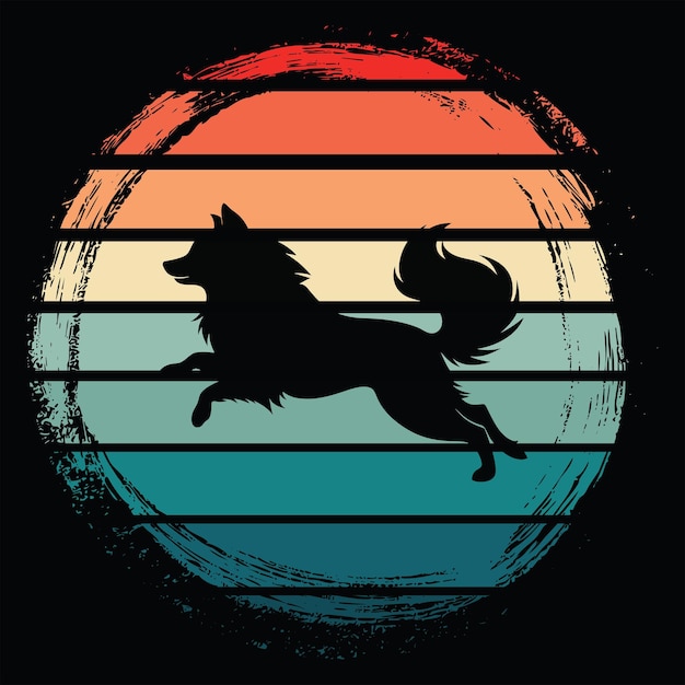 Fundo de pôr-do-sol vintage com vetor de silhueta de cão chinês japonês