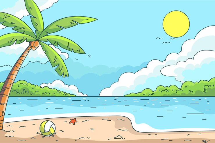 fundo de praia de verão paisagem de desenho animado papel de parede de verão