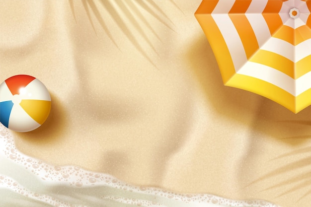 Fundo de praia lindo de verão com guarda-sol e bola de praia em ilustração 3D