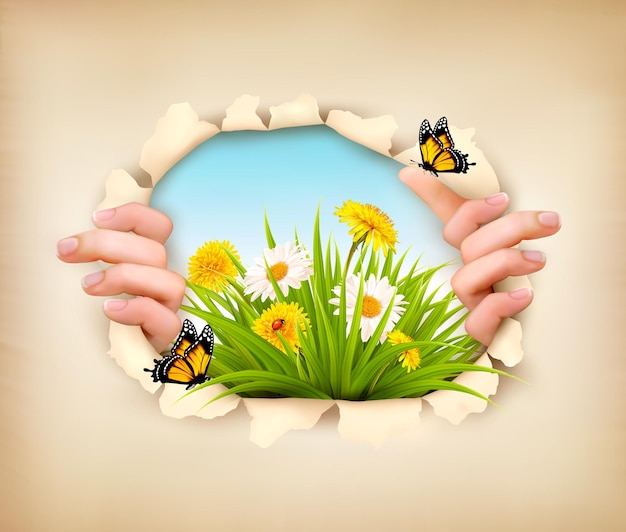 Fundo de primavera com as mãos, rasgando papel para mostrar uma paisagem. Vetor.