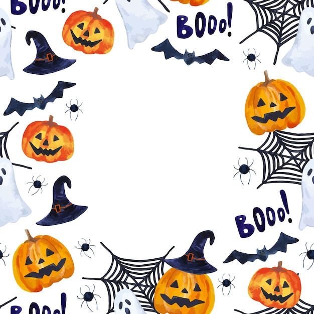 Fundo de quadro de halloween desenhado à mão em aquarela com abóboras, aranhas, fantasmas para guardanapos e decoração