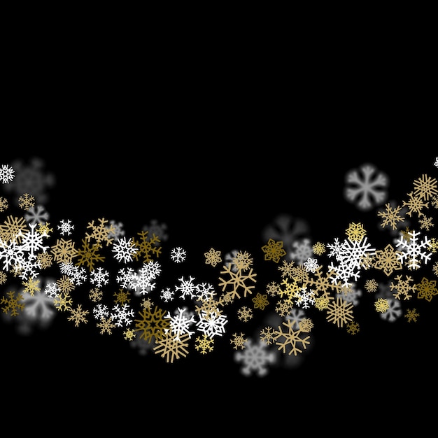 Vetor fundo de queda de neve com flocos de neve dourados turva no escuro