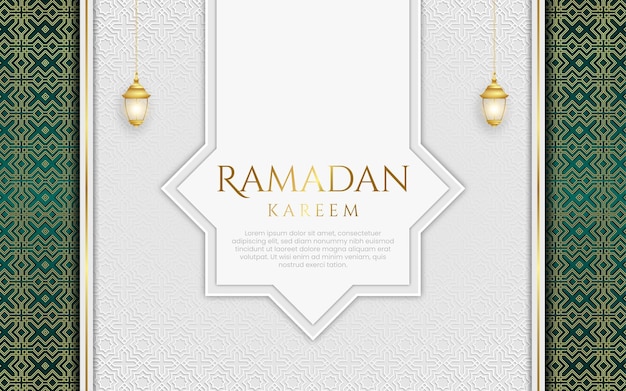 Fundo de ramadã de luxo branco com padrão de ornamento decorativo e lanternas vetor premium