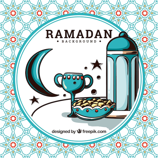 Vetor fundo de ramadán com chá e comida