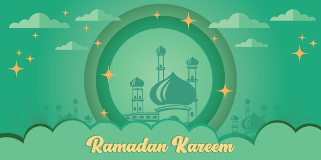 Vetor fundo de ramadan kareem com nuvens de mesquita elemento de balão cortado em papel gráfico vetorial