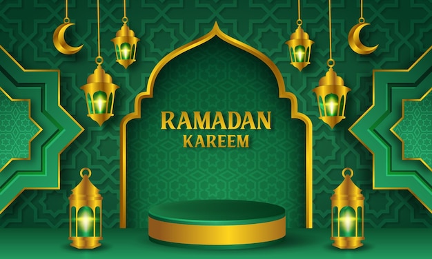 Vetor fundo de ramadan kareem com pódio e formas verdes e lanternas