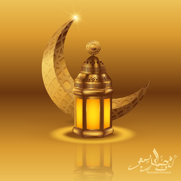 Fundo de Ramadan kareem, ilustração com lanternas árabes e crescente ornamentado dourado