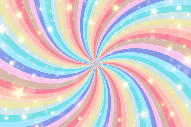 Fundo de redemoinho de arco-íris com estrelas arco-íris de unicórnio radial de ilustração vetorial espiral torcida