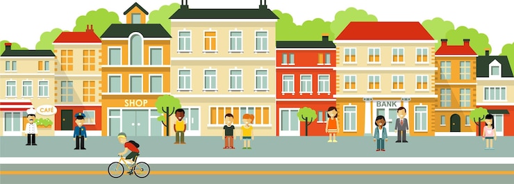 Vetor fundo de rua de cidade pequena com pessoas em estilo simples