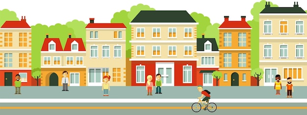 Fundo de rua de cidade pequena com pessoas em estilo simples