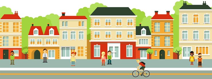 Vetor fundo de rua de cidade pequena com pessoas em estilo simples