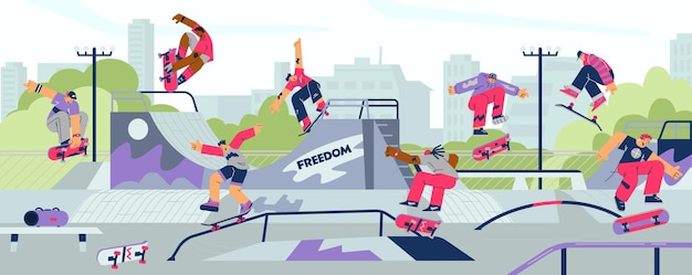 Vetor fundo de rua urbana com ilustração vetorial plana de skatistas