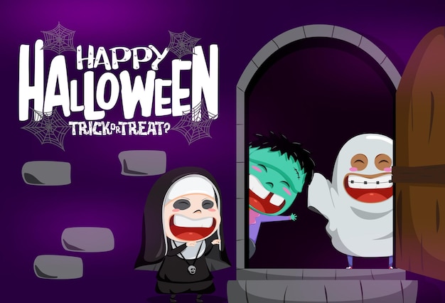 Fundo de saudação de vetor de personagem de halloween feliz dia das bruxas ou texto de travessura com fofo