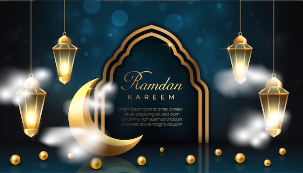 Fundo de saudação islâmica de luxo ramadan kareem com lanterna dourada de ornamento decorativo