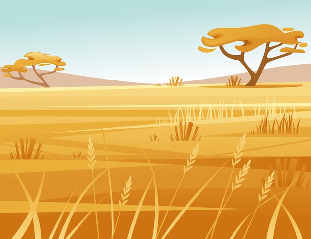 Vetor fundo de savana paisagística com grama amarela de céu claro e estilo de desenho animado de ilustração vetorial plana de árvore