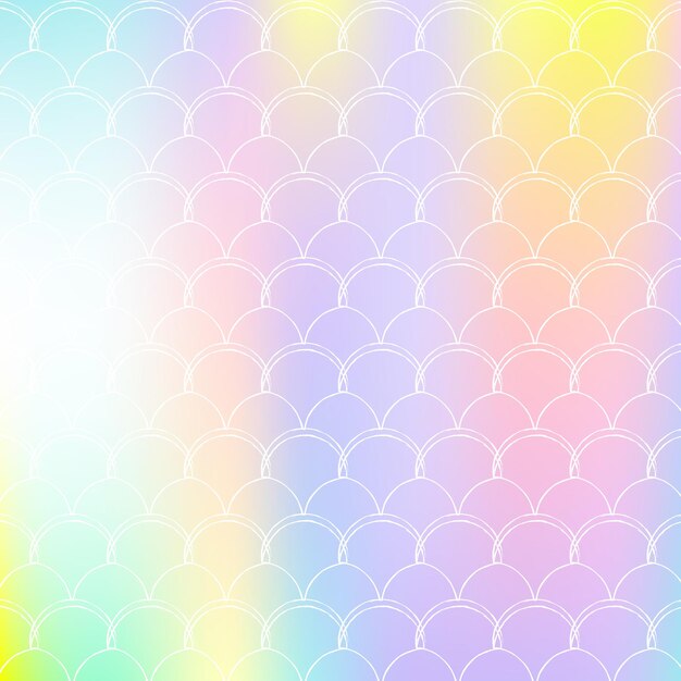 Fundo de sereia holográfico com escalas de gradiente. Transições de cores brilhantes. Banner e convite de cauda de peixe. Padrão subaquático e mar para festa. Cenário de hipster com sereia holográfica.