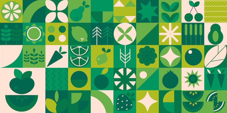 Fundo de silhueta monocromática moderna geométrica Bauhaus Padrão abstrato de vegetais e frutas
