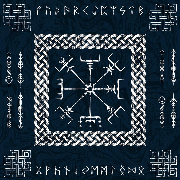 Vetor fundo de símbolos escandinavos azul vegvisir viking