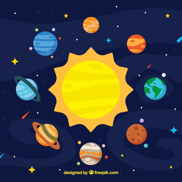 Fundo de sol e planetas coloridos em design plano