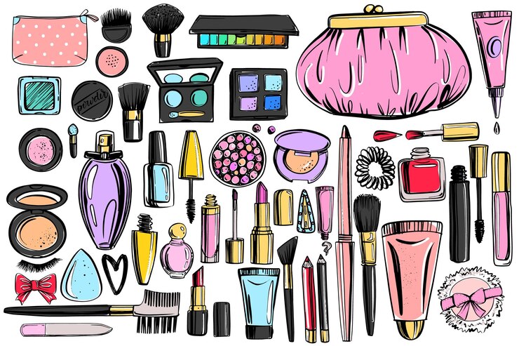 Vetor fundo de sosméticos com espaço de cópia para texto conjunto de cosméticos decorativos desenhados à mão