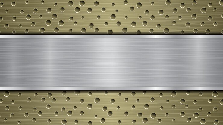 Vetor fundo de superfície metálica dourada perfurada com orifícios e placa prateada polida horizontal com textura de metal, reflexos e bordas brilhantes
