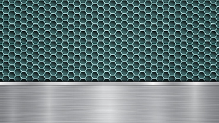 Vetor fundo de superfície metálica perfurada azul claro com furos e placa polida prateada horizontal com brilhos de textura metálica e bordas brilhantes