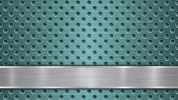 Vetor fundo de superfície metálica perfurada azul claro com orifícios e placa prateada polida horizontal com textura de metal, reflexos e bordas brilhantes