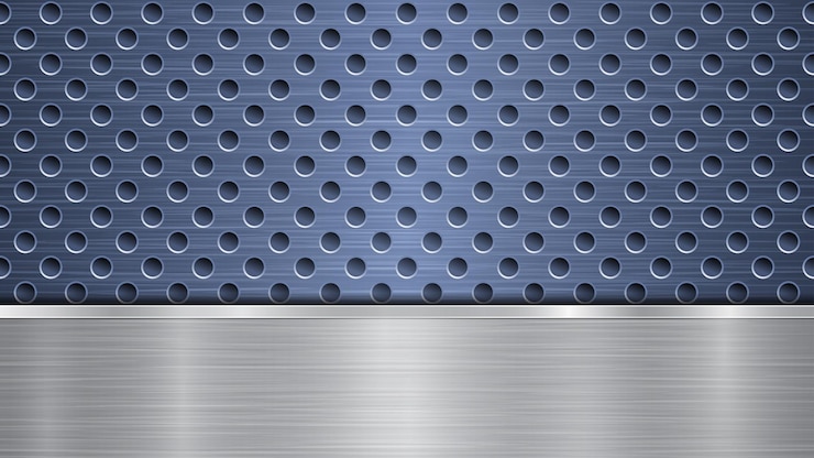 Vetor fundo de superfície metálica perfurada azul com furos e placa polida prateada horizontal com brilhos de textura metálica e bordas brilhantes