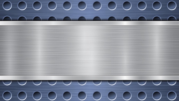 Vetor fundo de superfície metálica perfurada azul com furos e placa polida prateada horizontal com brilhos de textura metálica e bordas brilhantes