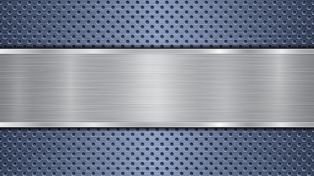 Fundo de superfície metálica perfurada azul com furos e placa polida prateada horizontal com textura metálica, brilhos e bordas brilhantes