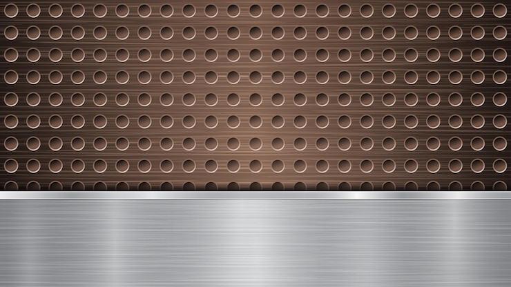 Vetor fundo de superfície metálica perfurada de bronze com orifícios e placa horizontal de prata polida com brilhos de textura metálica e bordas brilhantes