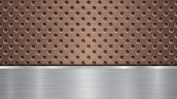 Vetor fundo de superfície metálica perfurada de bronze com orifícios e placa horizontal de prata polida com brilhos de textura metálica e bordas brilhantes
