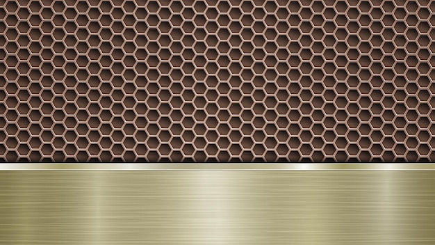 Fundo de superfície metálica perfurada de bronze com orifícios e placa polida dourada horizontal com brilhos de textura metálica e bordas brilhantes