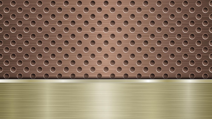 Vetor fundo de superfície metálica perfurada de bronze com orifícios e placa polida dourada horizontal com brilhos de textura metálica e bordas brilhantes