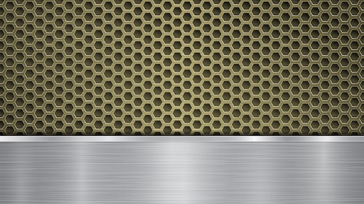 Vetor fundo de superfície metálica perfurada dourada com furos e placa polida horizontal prateada com brilhos de textura metálica e bordas brilhantes