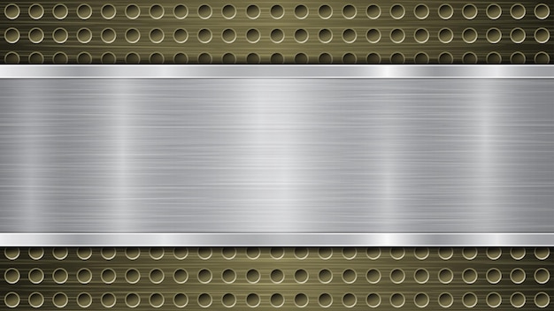 Fundo de superfície metálica perfurada dourada com furos e placa polida horizontal prateada com brilhos de textura metálica e bordas brilhantes