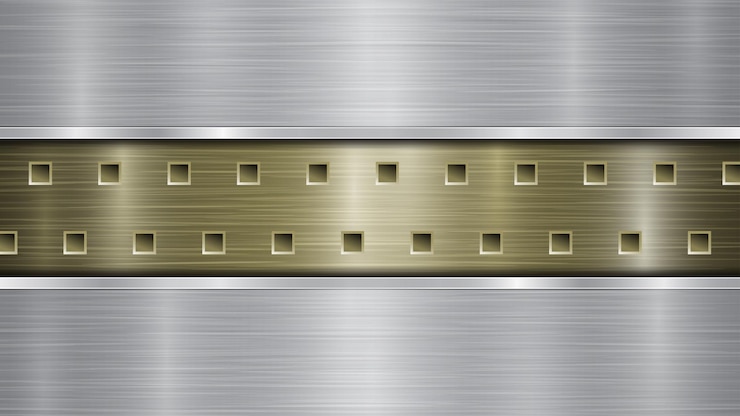 Vetor fundo de superfície metálica perfurada dourada com orifícios e duas placas polidas horizontais prateadas com brilhos de textura metálica e bordas brilhantes