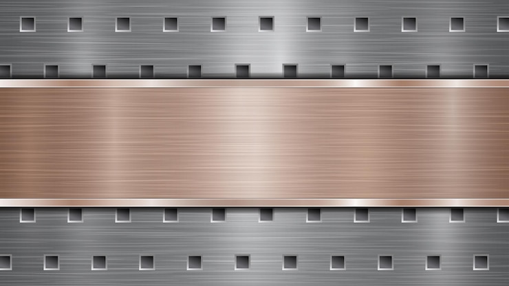 Vetor fundo de superfície metálica perfurada prateada com furos e placa polida de bronze horizontal com brilhos de textura metálica e bordas brilhantes