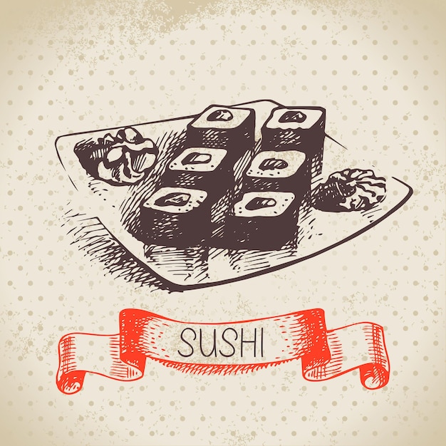 Vetor fundo de sushi vintage desenhado à mão