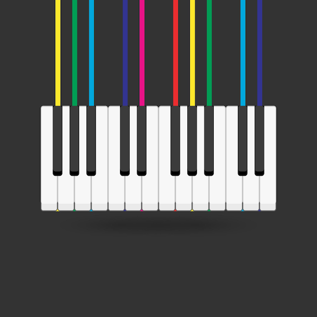 Fundo de tecla de piano com ilustração vetorial de banner de música de linhas coloridas de arco-íris