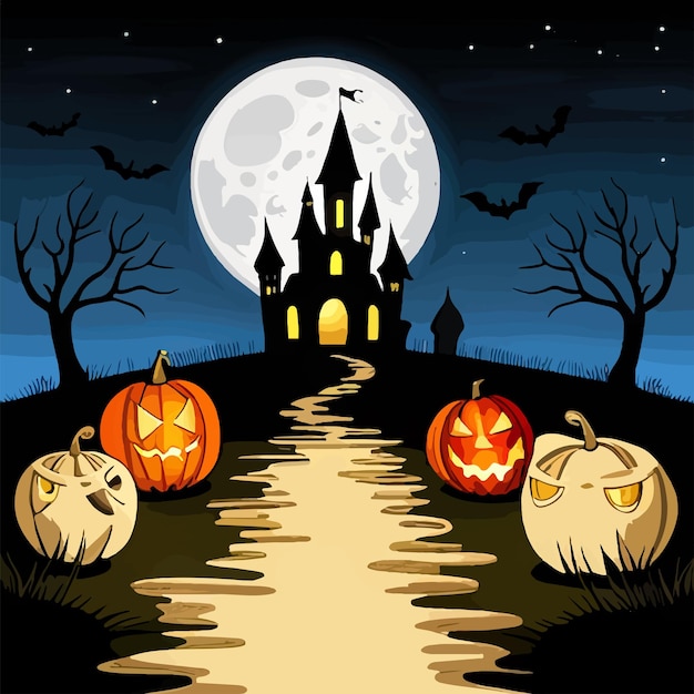 Fundo de terror da cena do Halloween com abóboras assustadoras da assustadora mansão mal assombrada do Halloween