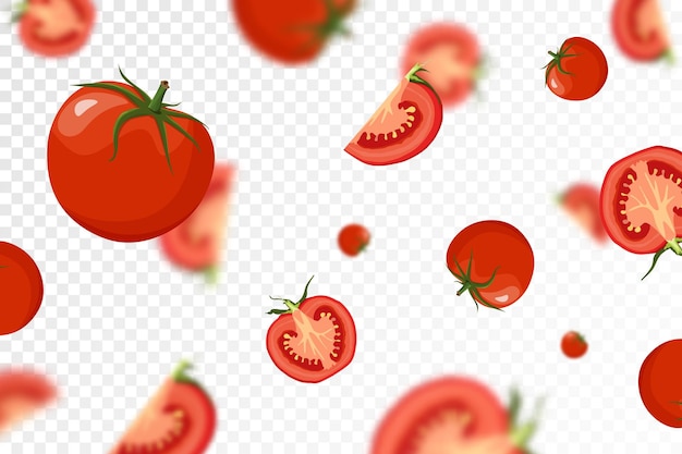 Vetor fundo de tomate tomates maduros frescos caindo de diferentes ângulos isolados em fundo transparente tomate vermelho desfocado voador aplicável para publicidade de suco de ketchup vector plana