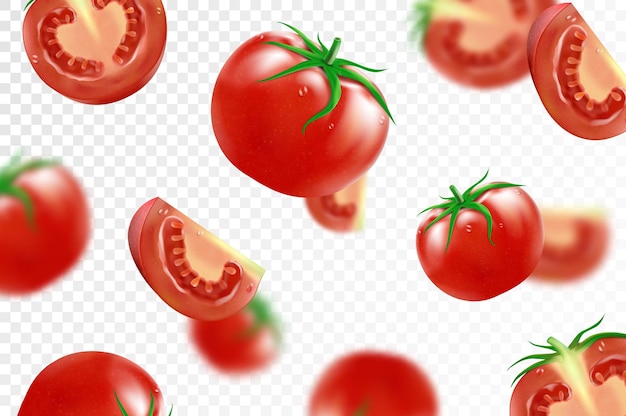 Vetor fundo de tomate tomates maduros frescos caindo isolados em fundo transparente foco seletivo tomate vermelho desfocado voador aplicável para publicidade de suco de ketchup vetor 3d realista