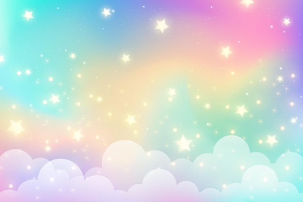 Fundo de unicórnio arco-íris com nuvens e estrelas Céu de cores pastel Paisagem mágica