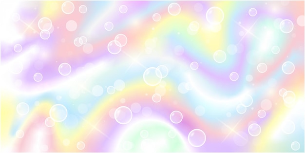 Vetor fundo de unicórnio de fantasia de arco-íris padrão holográfico em cores pastel estrelas e bolhas de sabão