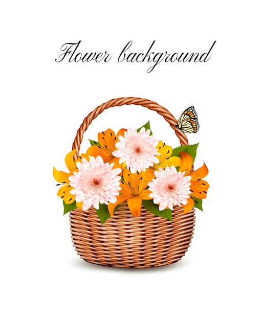 Vetor fundo de verão. cesta cheia de flores e uma borboleta.
